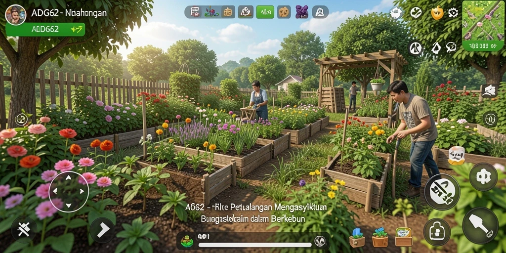 Screenshot gameplay ADG62 menunjukkan ladang yang subur dengan beraneka tanaman.