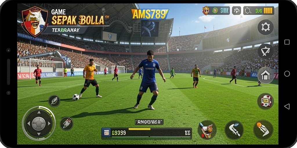 Screenshot gameplay yang menunjukkan aksi di lapangan sepak bola.