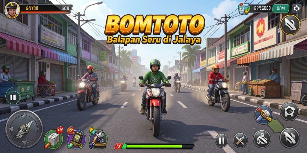 Screeshot BOMTOTO menunjukkan aksi balapan yang intens dan grafis menawan.
