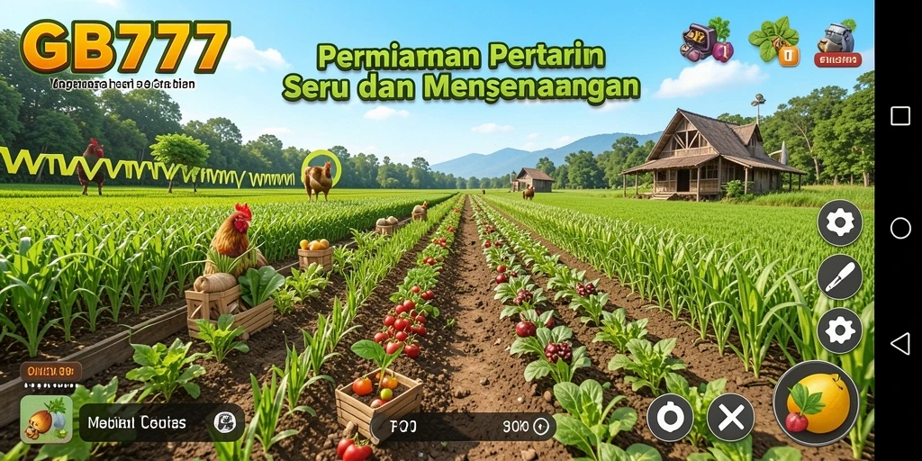 Tangkapan layar utama gameplay GB777 dengan pemandangan ladang yang asri.
