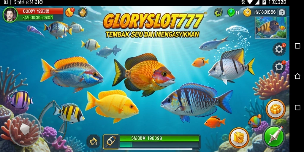 Screenshot gameplay GLORYSLOT777 menampilkan aksi menembak ikan yang mendebarkan.