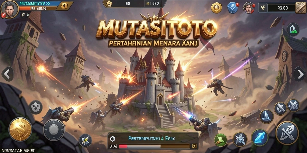 Screenshot gameplay MUTASITOTO menampilkan aksi pertahanan menara yang intens.