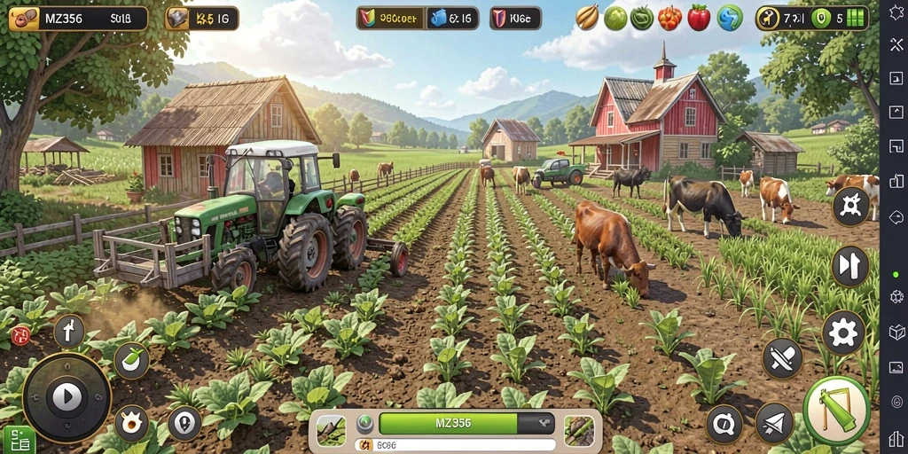 Screenshot gameplay MZ356 yang menampilkan aktivitas bertani yang seru.