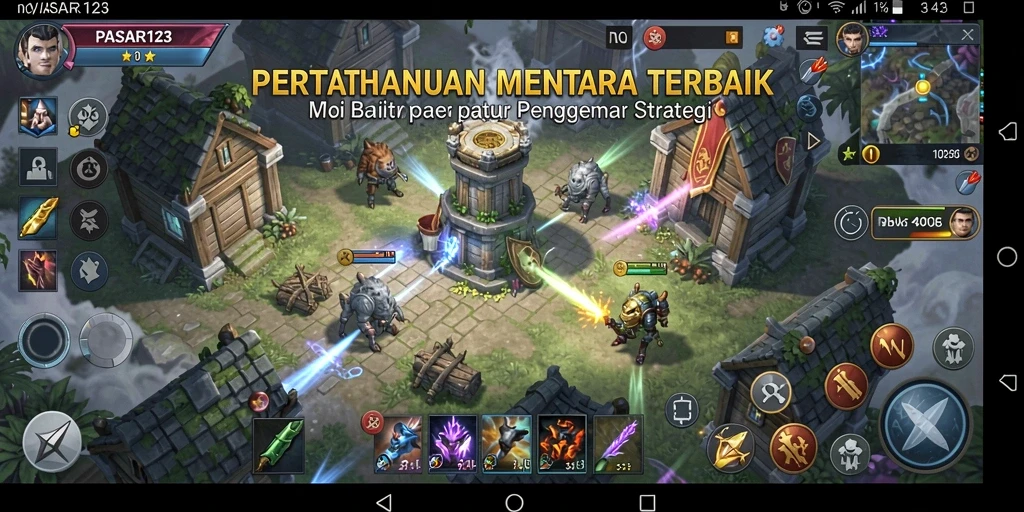 Tampilan gameplay menara dan strategi serangan dalam PASAR123.