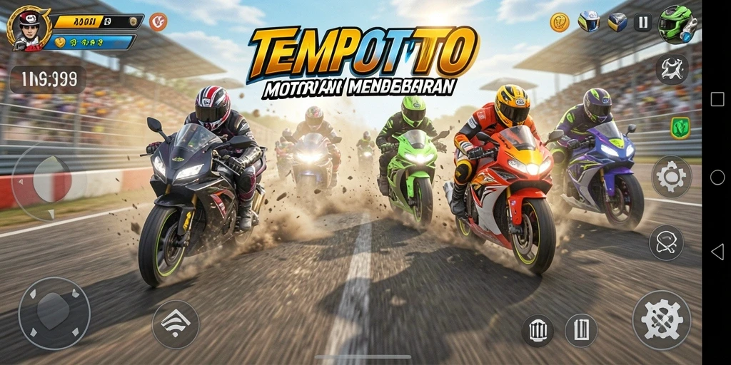 Screenshot TEMPOTOTO menampilkan balapan motor yang seru dan mendebarkan.